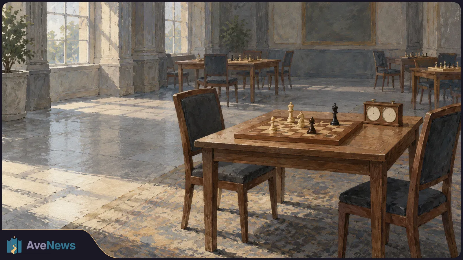 A painted, sunlit room with chessboards on several tables. In the foreground, chess pieces and a two-dial clock sit between two empty chairs. SI illustration
