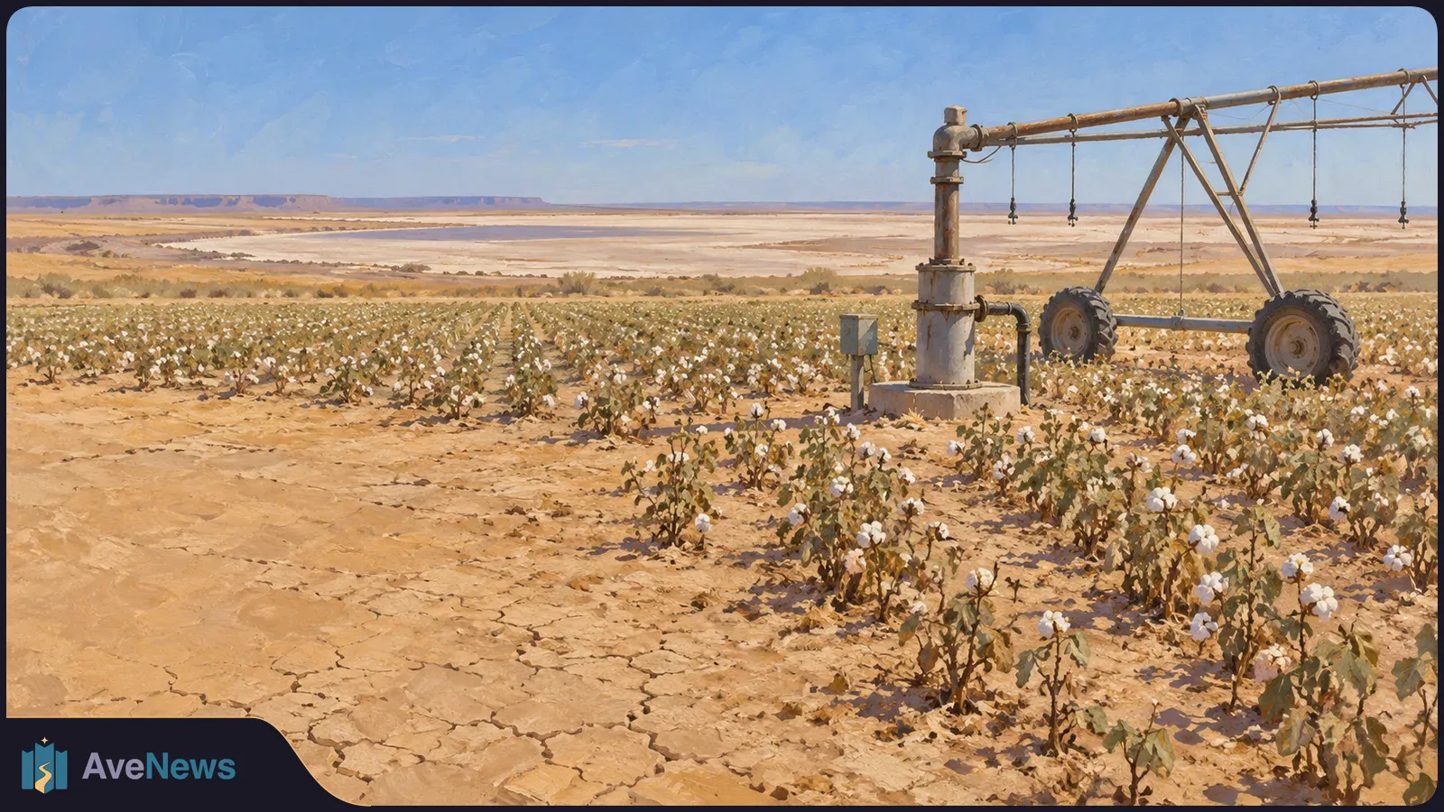 Cotton plants with white bolls grow in cracked, dry soil beside a wheeled irrigation rig under a blue sky. SI illustration