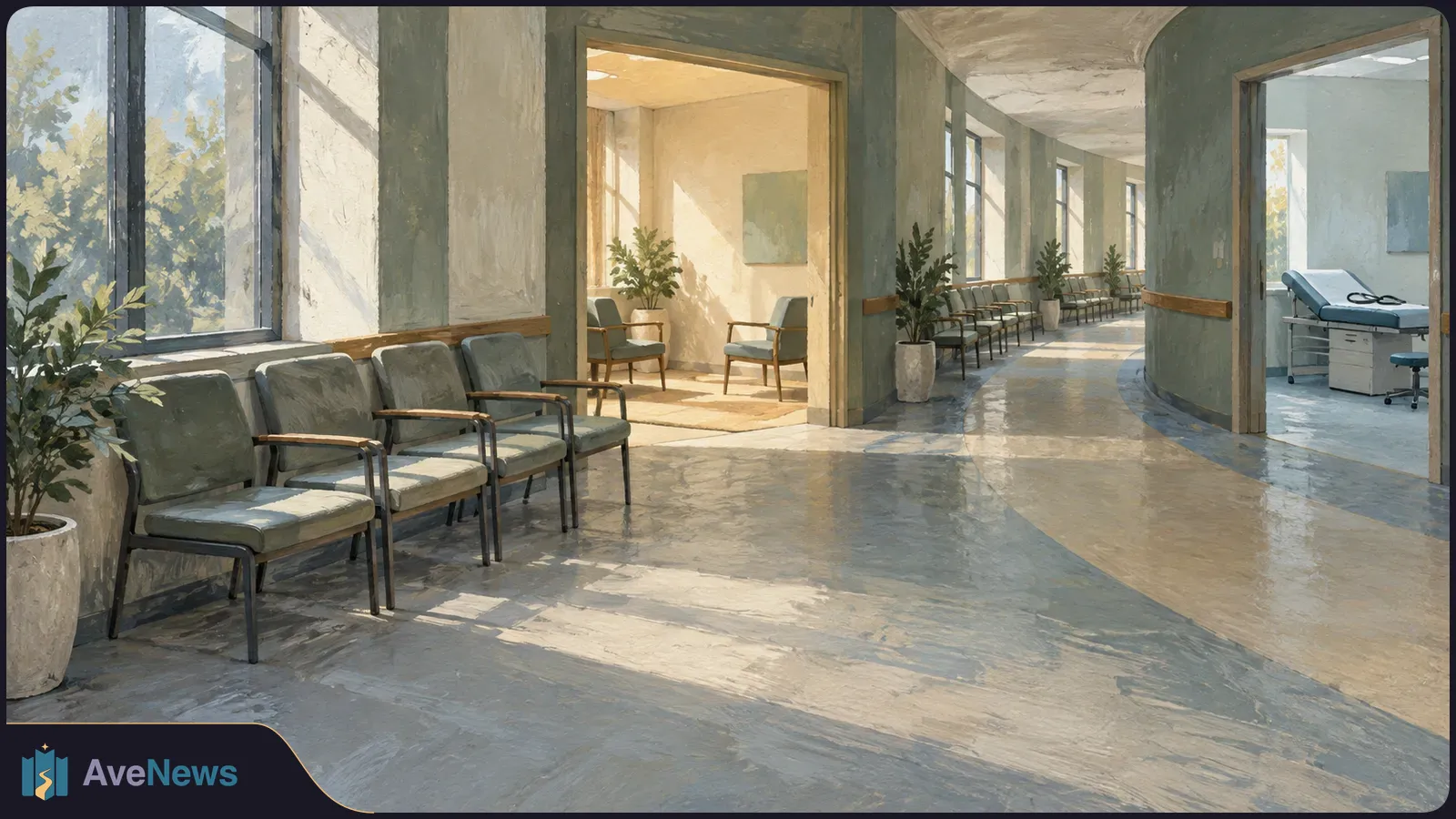 Sunlit, empty clinic corridor with rows of waiting chairs, potted plants and an open examination room. SI illustration