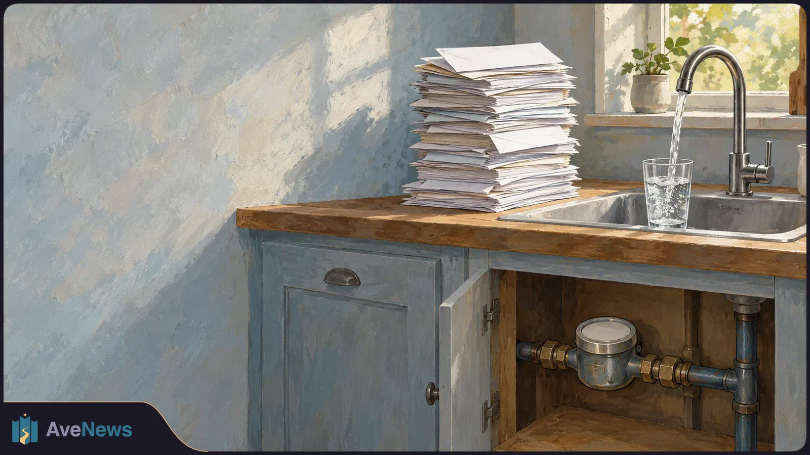 Painted kitchen scene with a tall stack of papers beside a sink, a running tap filling a glass, and a water meter visible inside an open cabinet. SI illustration