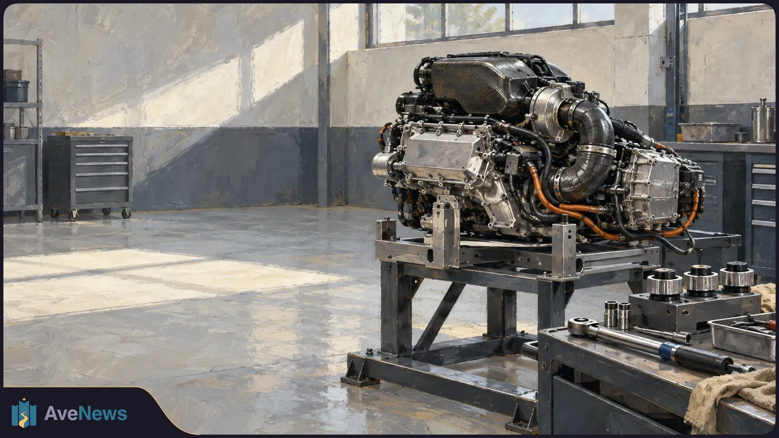 Painterly illustration of an engine on a metal stand in a sunlit workshop, with tools and parts on a bench at right. SI illustration