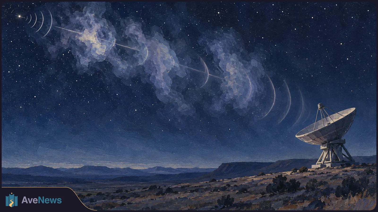 Painted night sky above a rocky landscape, with a radio telescope dish facing faint curved waves that stretch across the stars. SI illustration