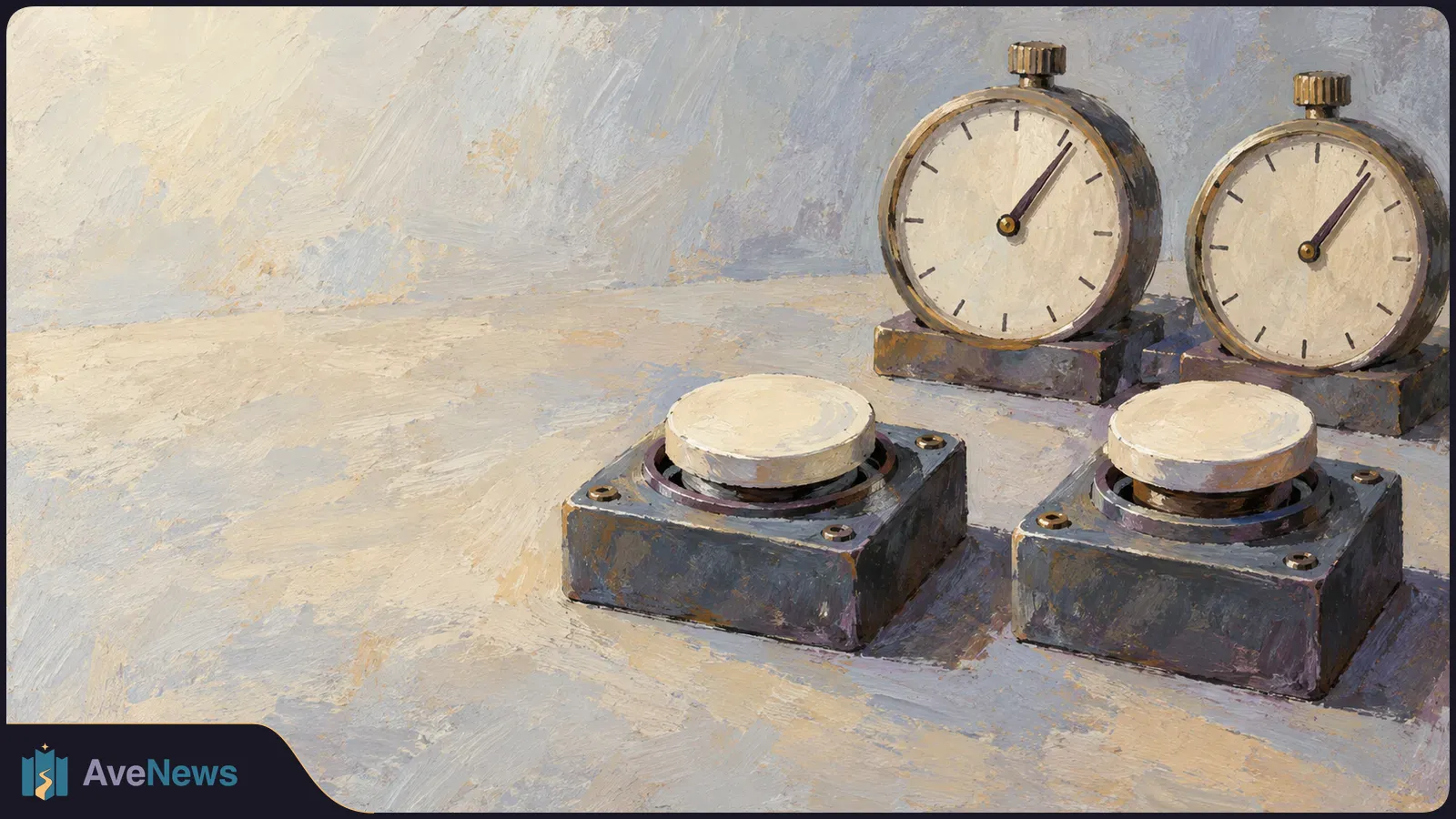 Painterly illustration of two round timers behind two large white buttons on dark bases, set on a pale tabletop. SI illustration