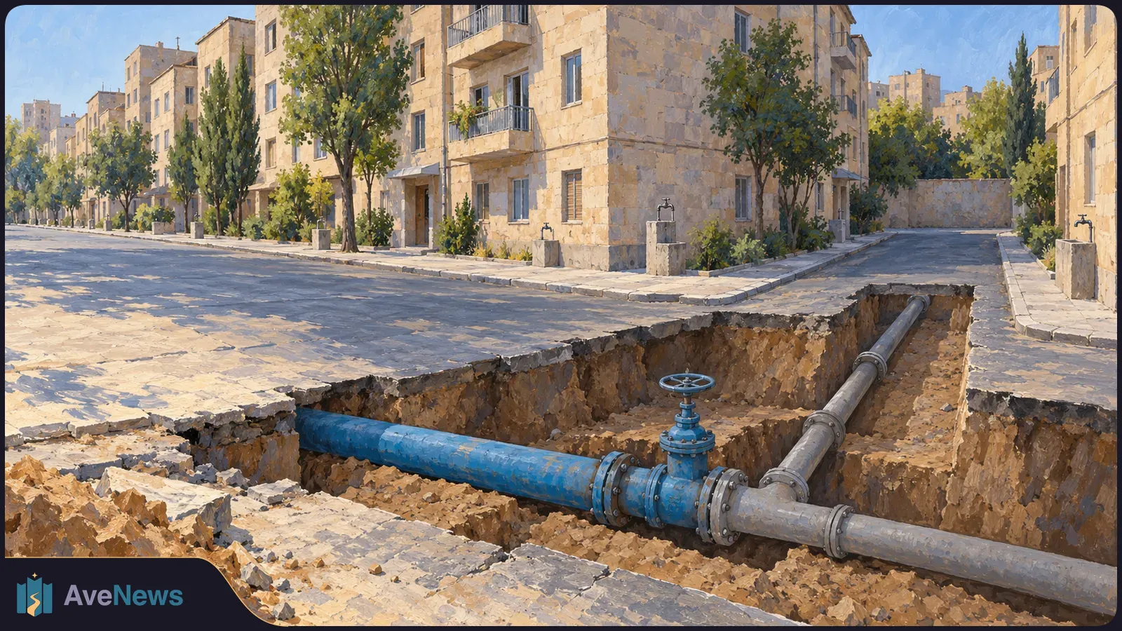 Painted street scene with an open trench, exposed blue and gray pipes and a blue valve beside beige apartment buildings and trees. SI illustration