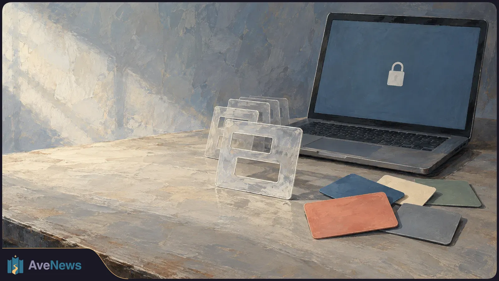 Painted illustration of a laptop with a padlock on its screen, stacked translucent login-form shapes, and several colored card-like rectangles on a table. SI illustration
