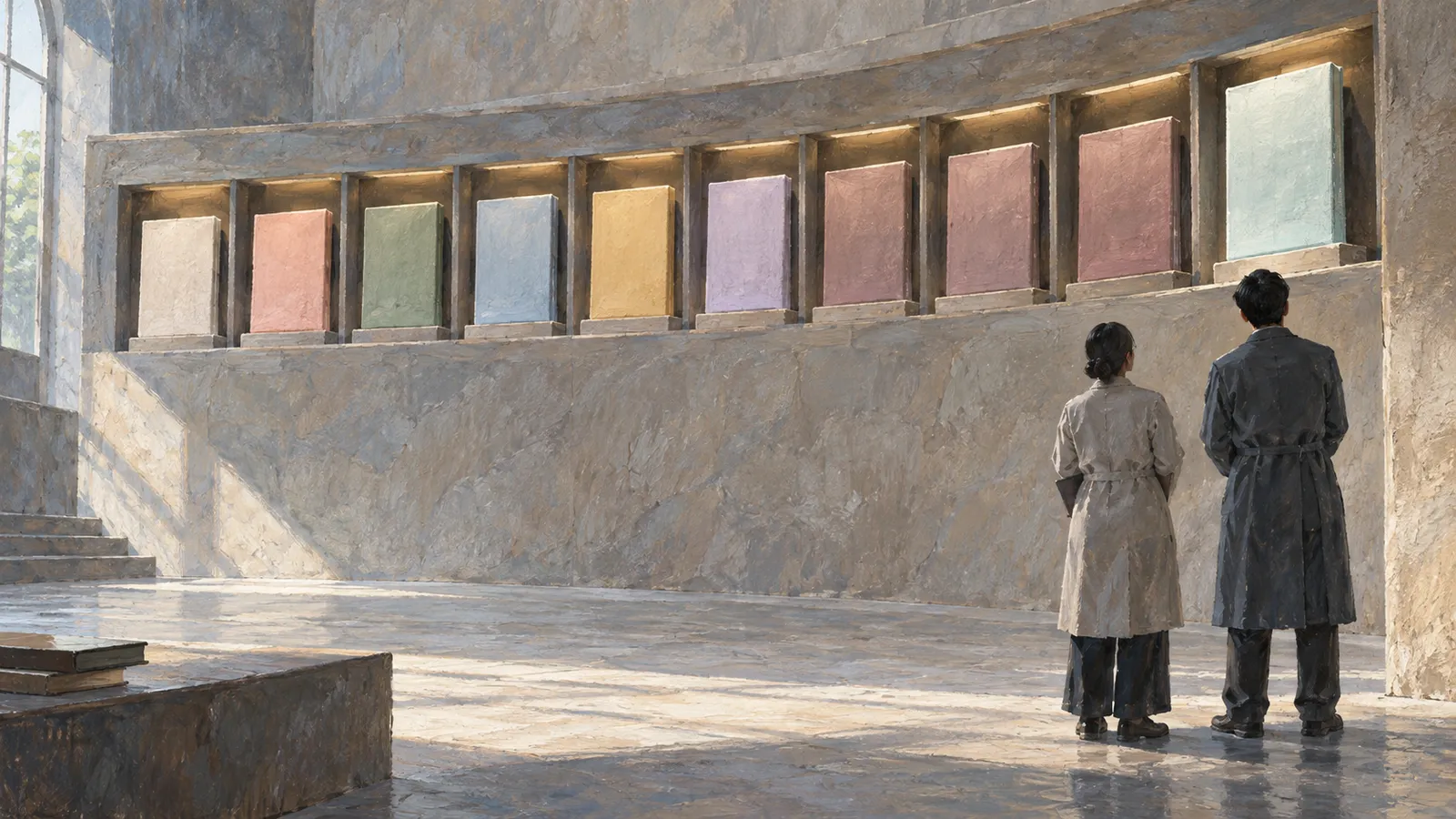 Two people seen from behind stand before a curved wall of pastel-colored rectangular panels in a sunlit stone room. SI illustration