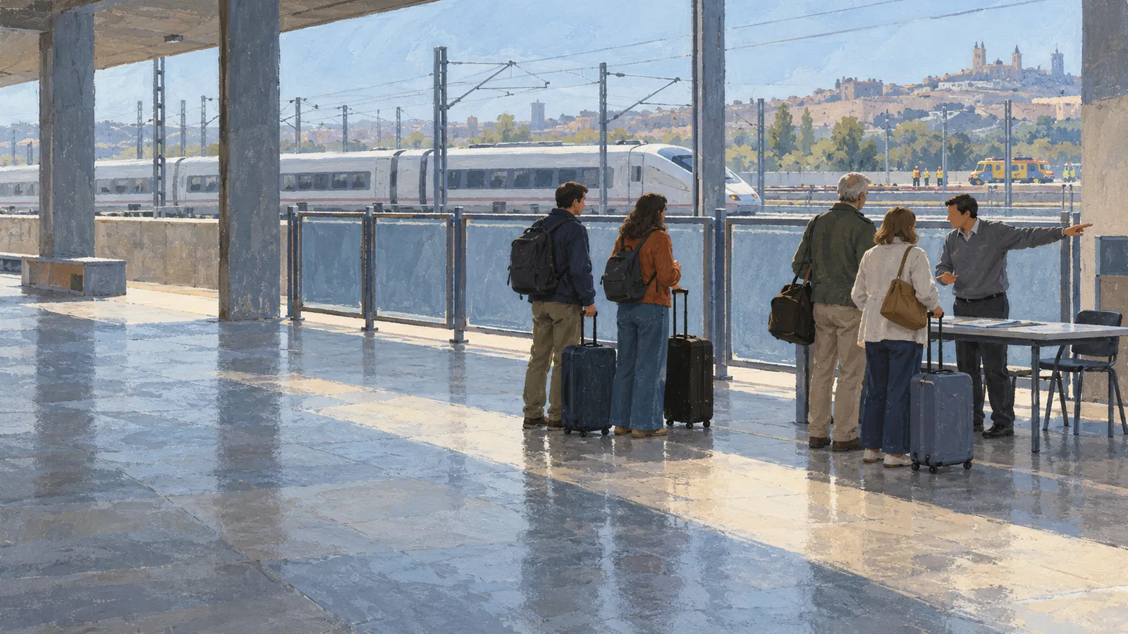 Illustration of travelers with luggage at a train station, where a man points beside a table. A white train and a yellow vehicle are visible beyond the platform. SI illustration