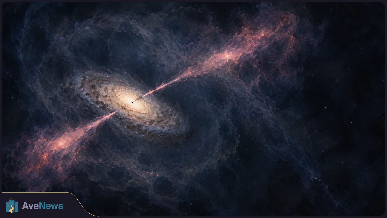 A luminous spiral galaxy with pink jets extending in opposite directions from its center against a dark, cloudlike space background. SI illustration