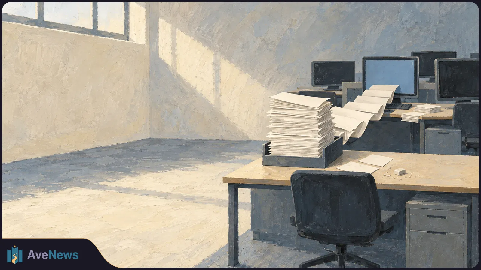 A painted, sunlit office with empty chairs, blank computer screens and a tall stack of papers; loose sheets trail across the desks. SI illustration