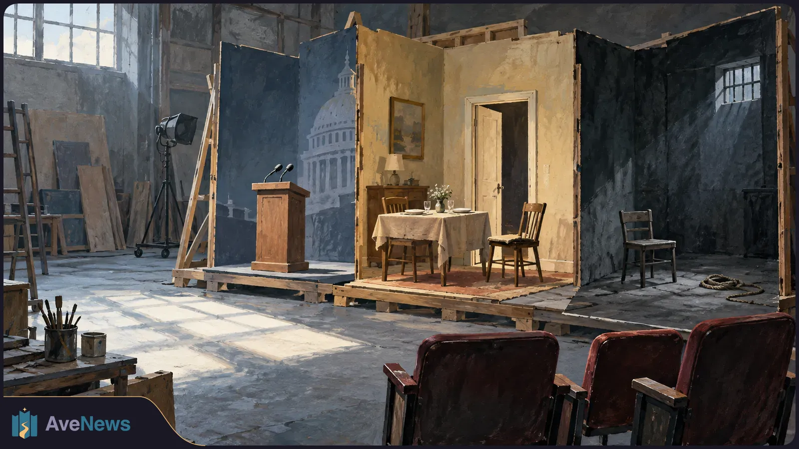 Painted stage set with a podium before a domed-building backdrop, a dining table in a room set, and an empty chair beside coiled rope. Theater seats fill the foreground. SI illustration
