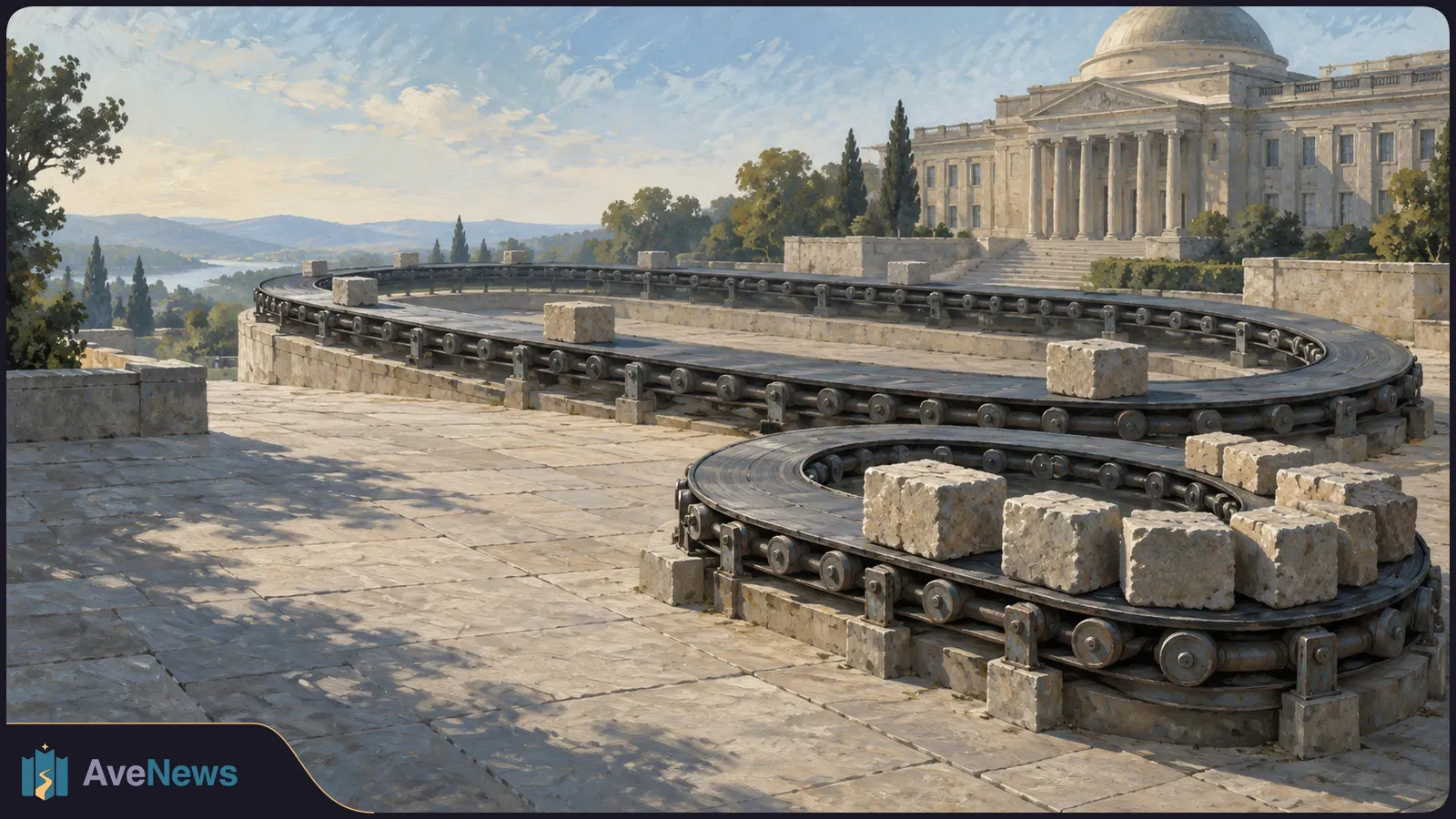 A looping metal conveyor with stone blocks winds across a sunlit terrace beside a domed, columned building, with trees and hills in the distance. SI illustration