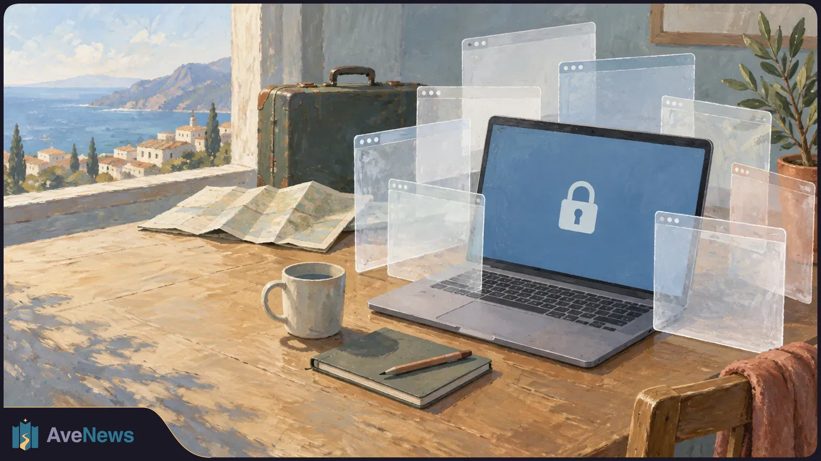 Painted scene of a laptop with a lock icon, surrounded by translucent blank browser windows, on a desk with a folded map and suitcase overlooking a coastal town. SI illustration