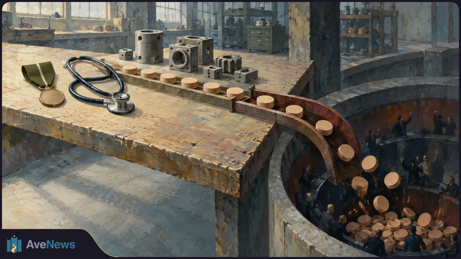 A medal and stethoscope lie beside metal parts on a workshop table. Wooden discs follow a curved chute into a deep pit crowded with small figures. SI illustration
