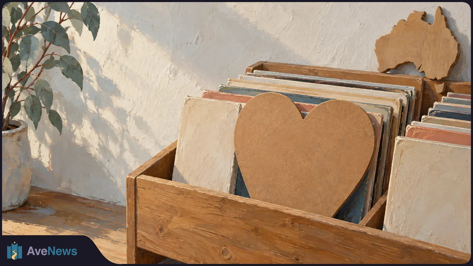 A painted scene of blank album sleeves in a wooden crate, with a large cardboard heart in front, an Australia-shaped cutout on the wall, and a potted plant at left. SI illustration