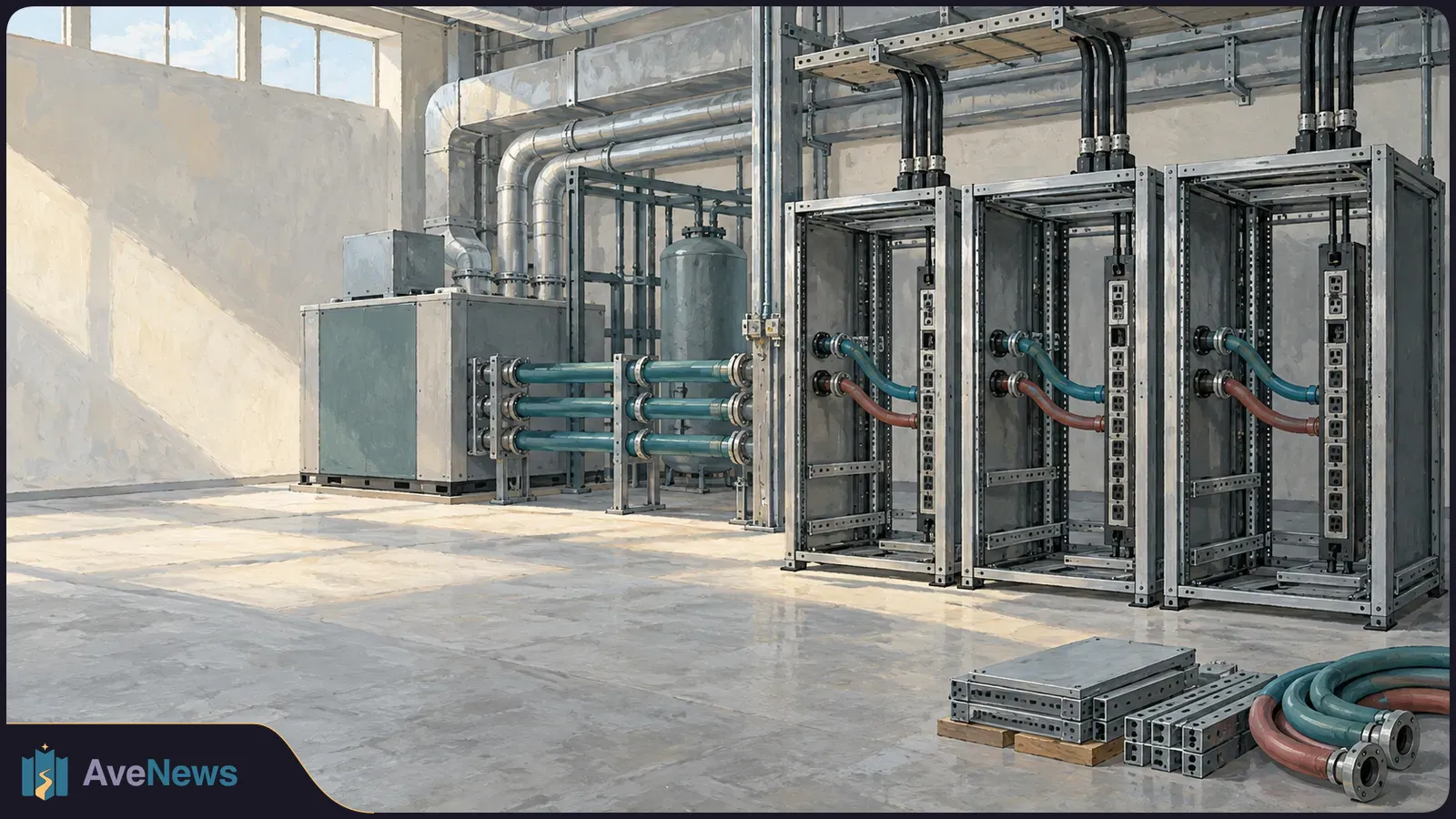 Illustration of a bright industrial room with metal equipment racks, large ducts, pipes and coiled hoses on the floor. SI illustration