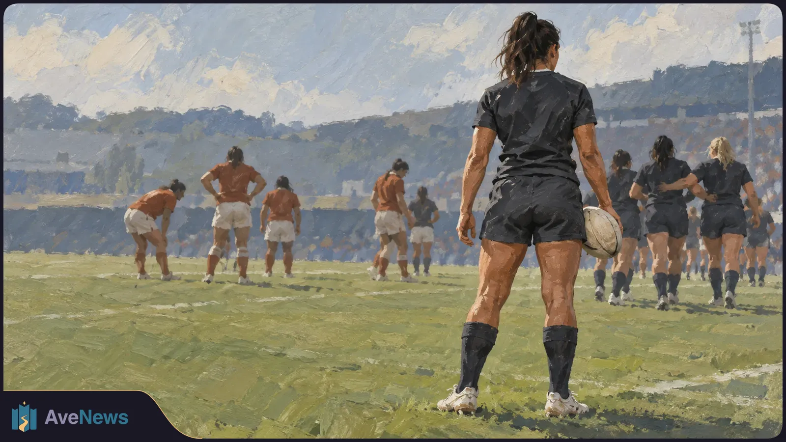 Painterly illustration of women on a rugby field. A player in black holds a ball in the foreground, with other players in black and brown-and-white kits farther ahead. SI illustration