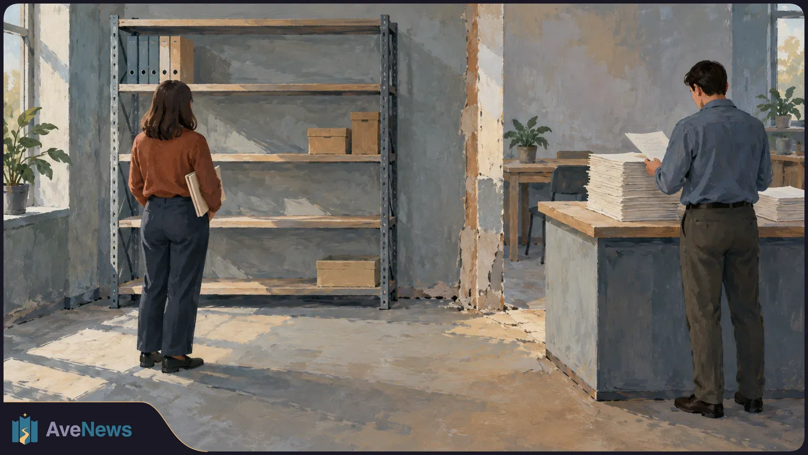 Illustration of two people in an office: one stands beside sparsely filled shelves holding a folder, while the other reads a sheet beside stacks of paper. SI illustration