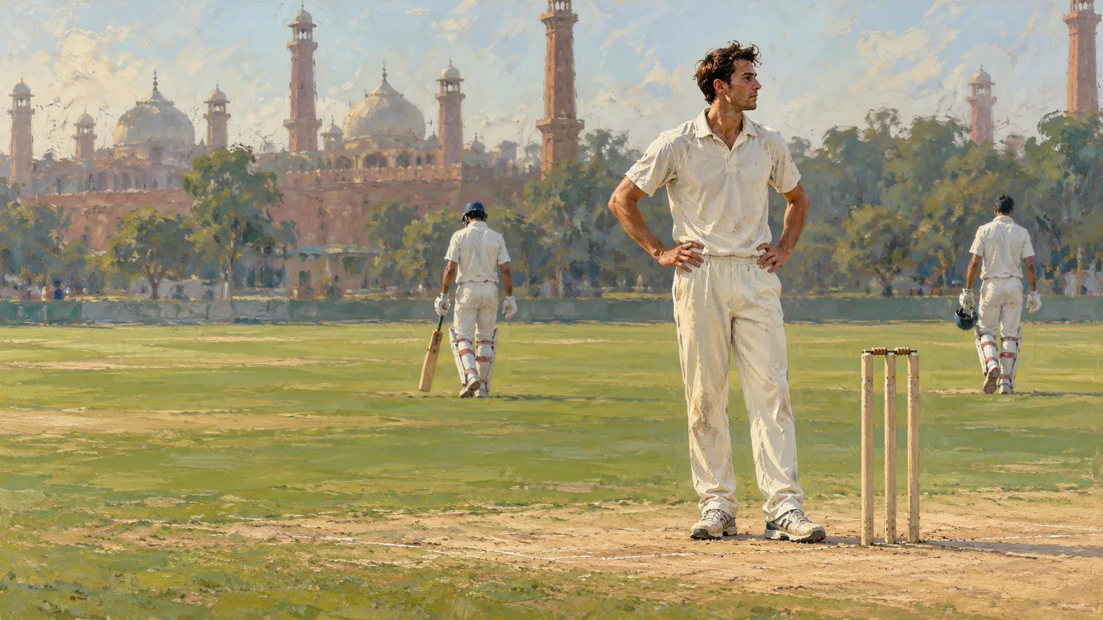 Painting of three cricketers in white on a grassy field. One stands beside the wickets, while two walk away; domes and towers rise in the background. SI illustration