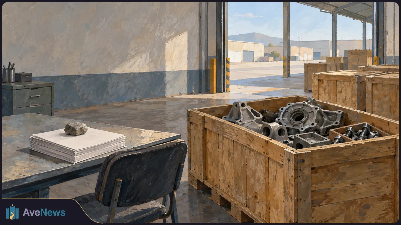 Painterly view of a warehouse loading bay, with metal auto parts in a wooden crate beside a desk holding a stack of blank papers weighted by a stone. SI illustration