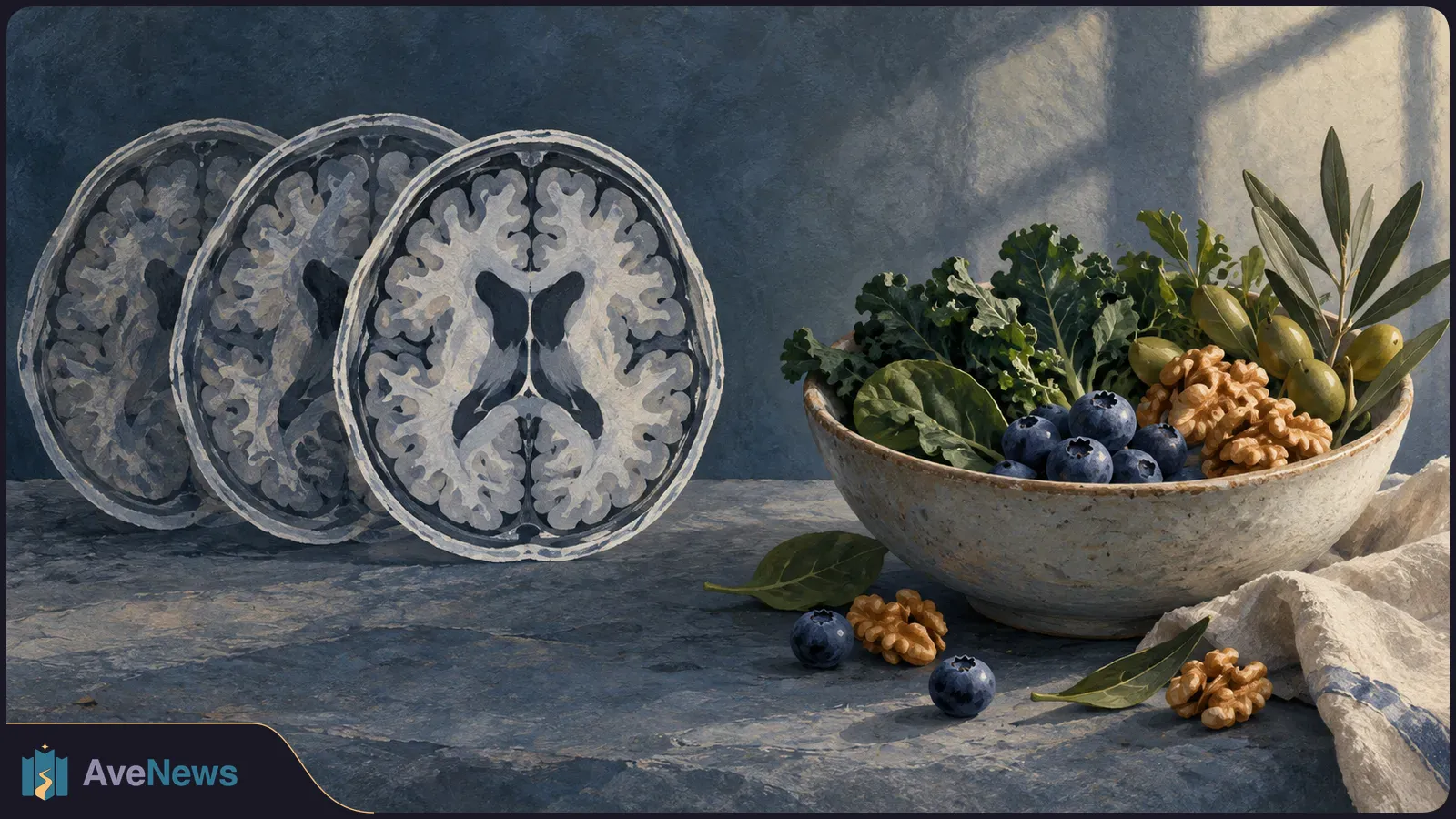 Painted illustration of three brain scan slices beside a bowl of leafy greens, blueberries, walnuts and olives on a tabletop. SI illustration