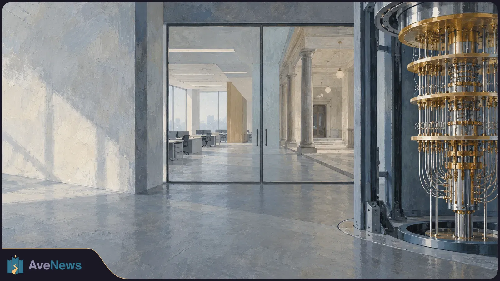 A tiered gold-and-silver apparatus with hanging wires stands beside glass doors overlooking an empty office and a columned hall. SI illustration