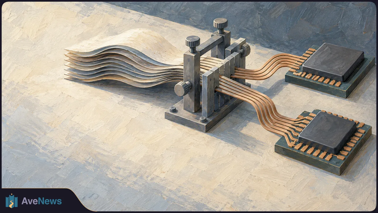 A painted stack of wavy sheets feeds through a metal mechanism, with copper-colored lines leading to two computer chips. SI illustration