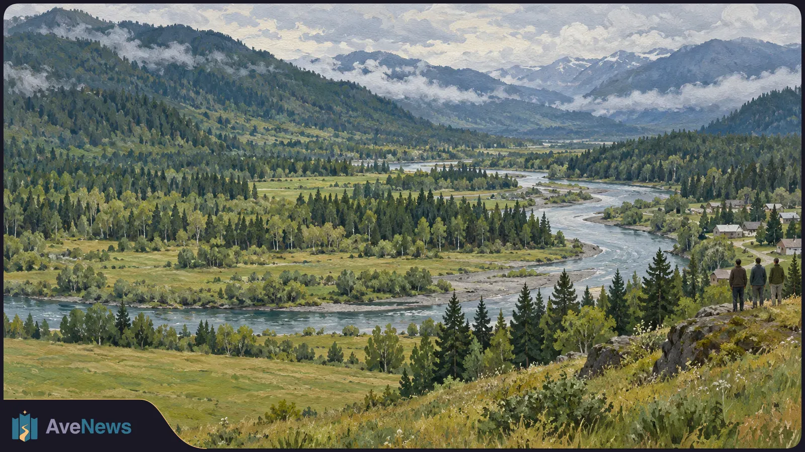 Painted mountain valley with a winding river, forests, scattered houses, and three people standing on a grassy overlook. SI illustration