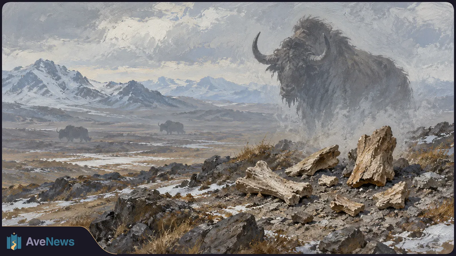 Painted snowy mountain plain with a large shaggy, horned bovine at right, two smaller ones in the distance, and pale bone fragments among foreground rocks. SI illustration
