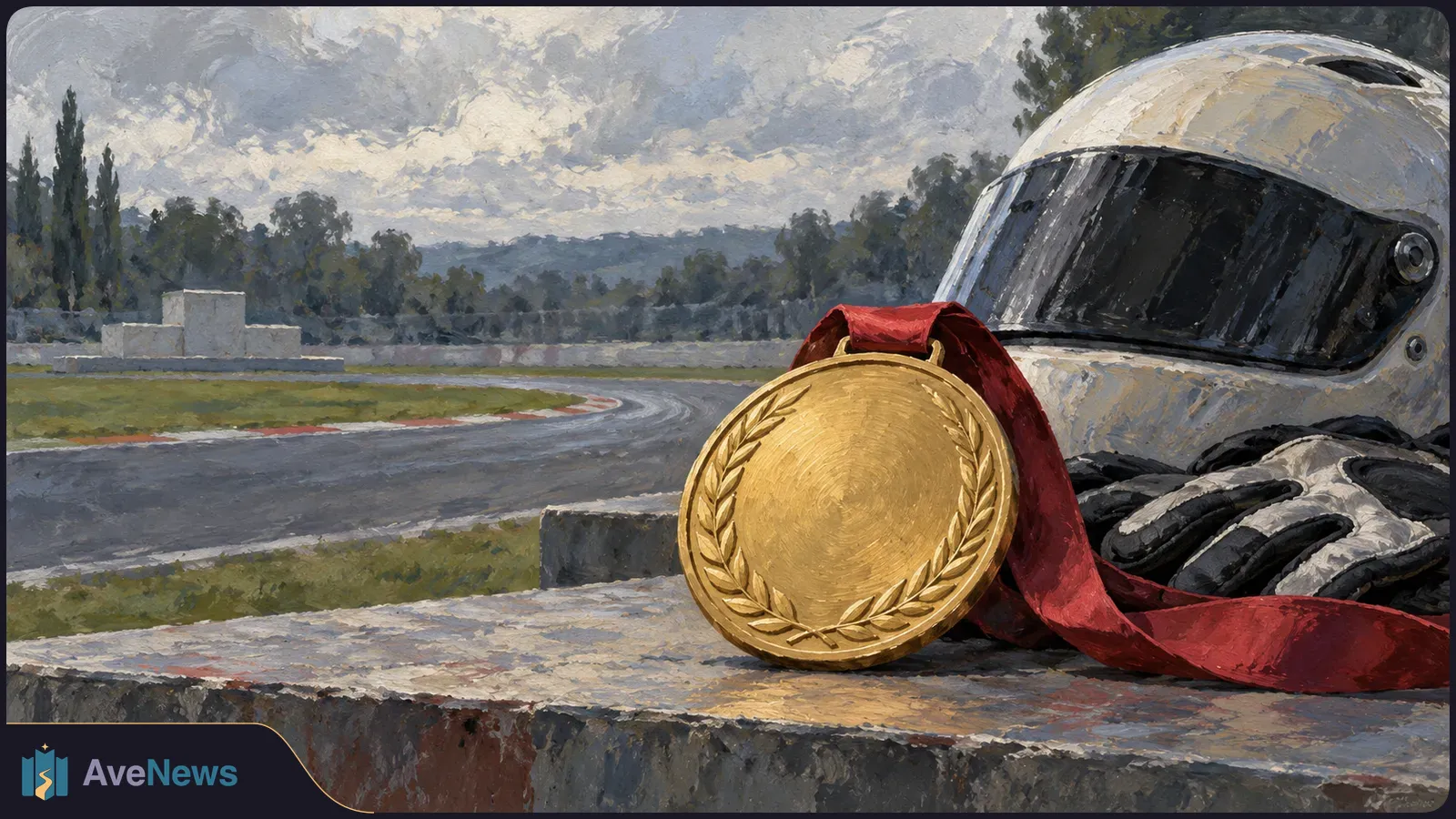 Painterly illustration of a gold laurel medal with a red ribbon beside a white racing helmet and gloves on a trackside barrier; a curving circuit and trees lie beyond. SI illustration