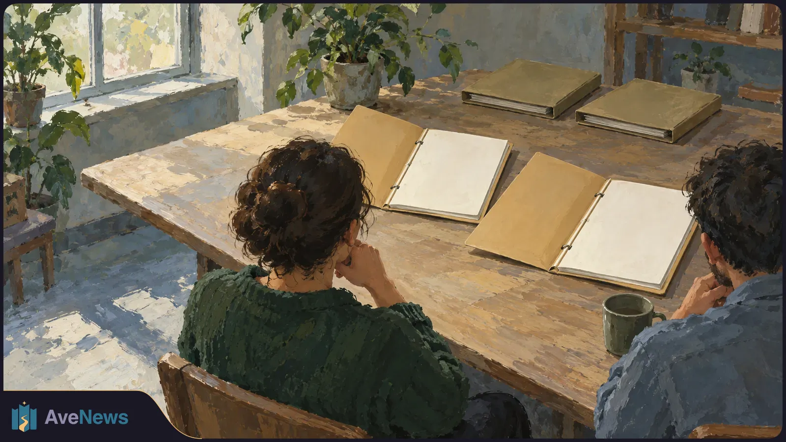 Painterly illustration of two people seated at a wooden table with open blank binders, closed books, a mug and potted plants beside a sunlit window. SI illustration