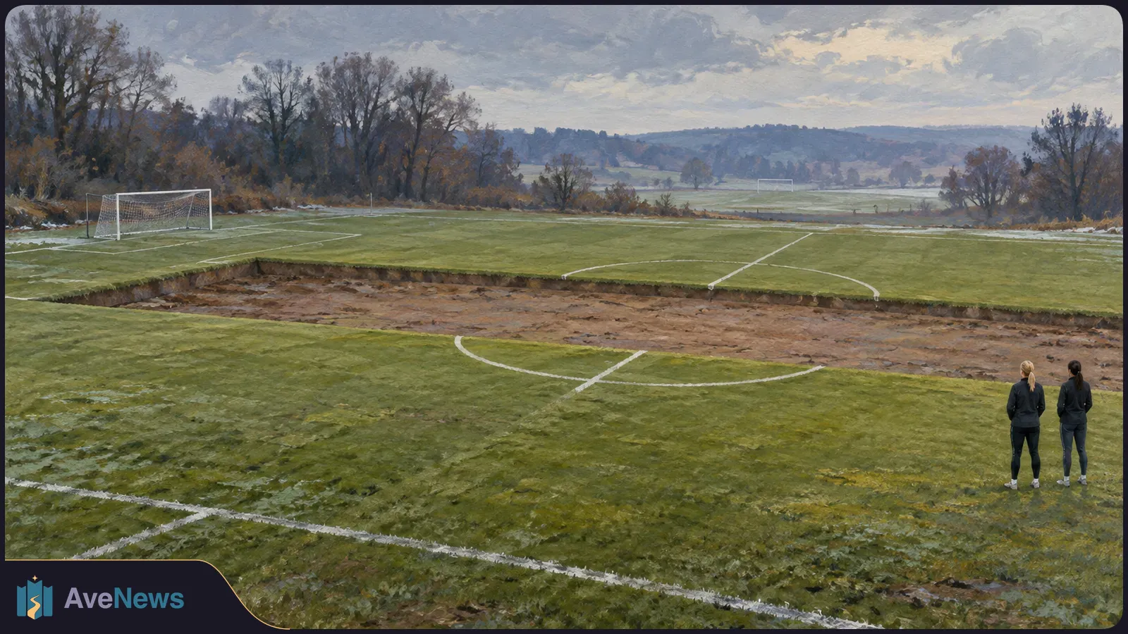 A painted football pitch is interrupted by a broad strip of bare earth. Two figures in dark sportswear stand at the right, facing a goal beneath a cloudy sky. SI illustration