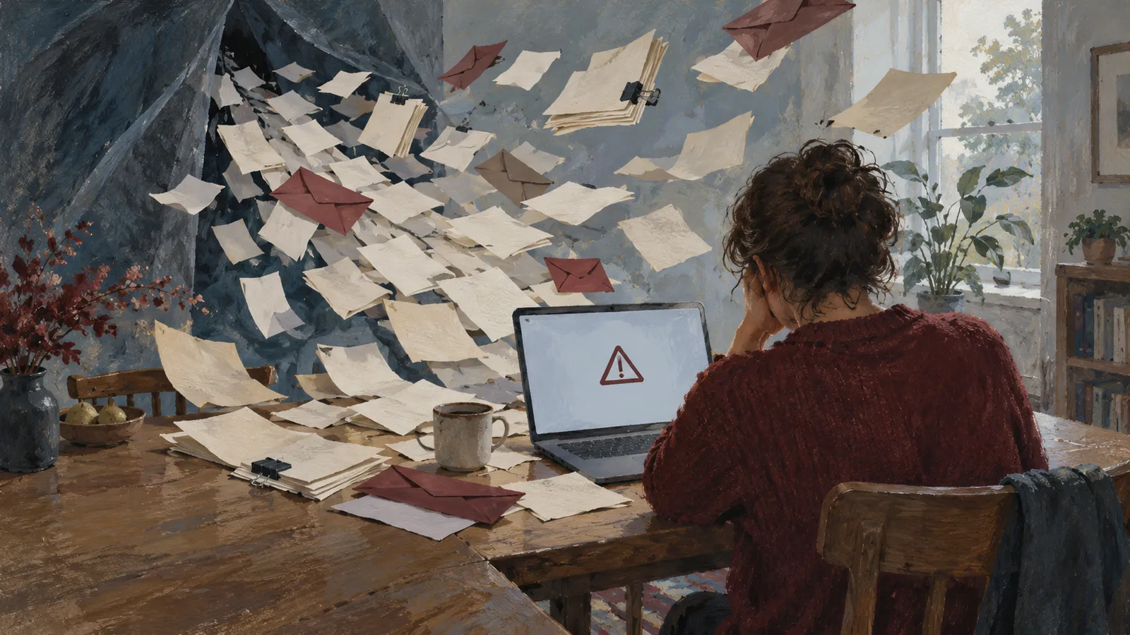 A person sits at a laptop displaying a warning triangle as papers and envelopes swirl across a room and over a wooden table. SI illustration