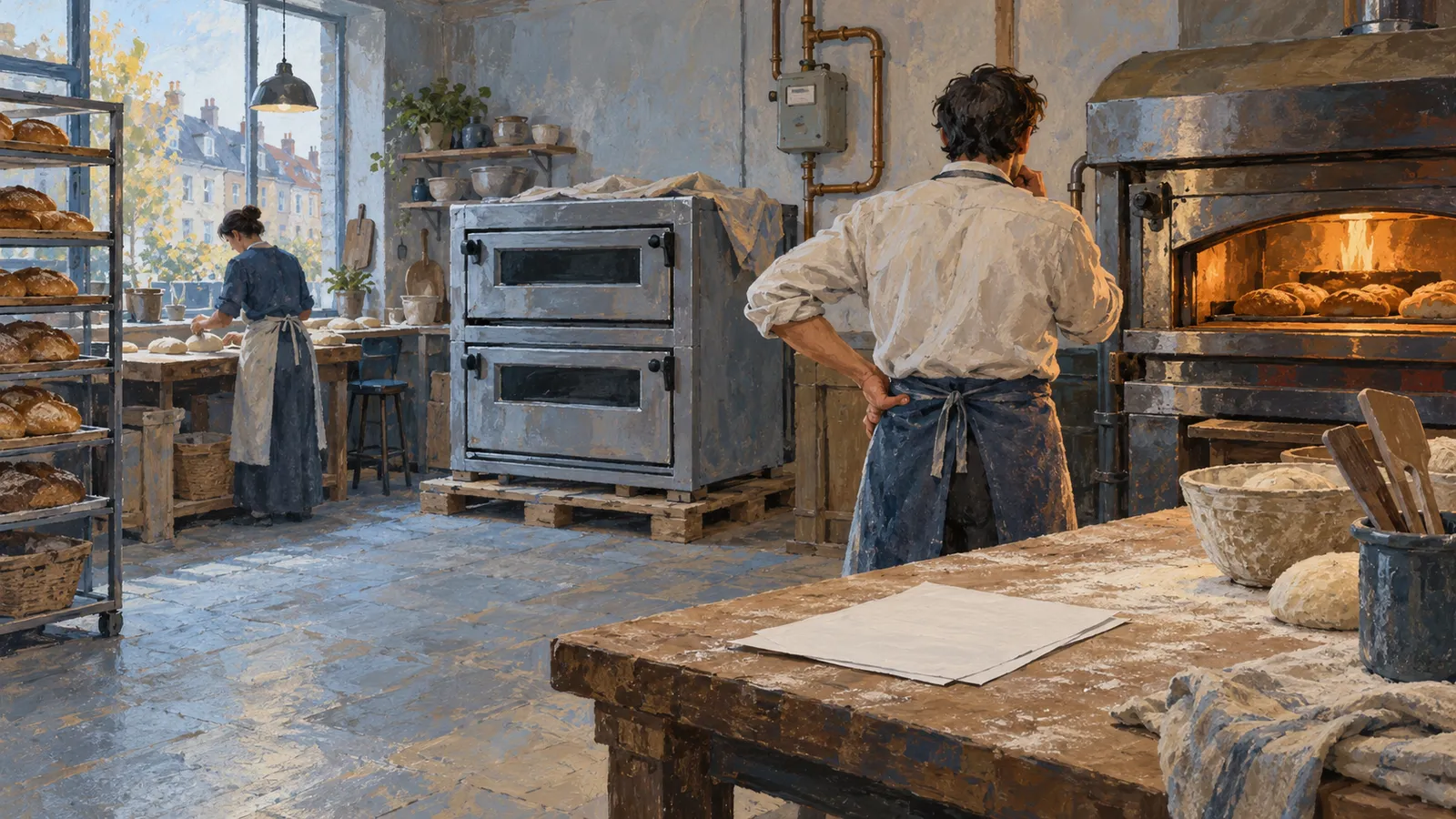 A painted bakery scene shows one baker shaping dough by a window and another facing an oven full of bread. Loaves sit on racks beside flour-dusted worktables. SI illustration