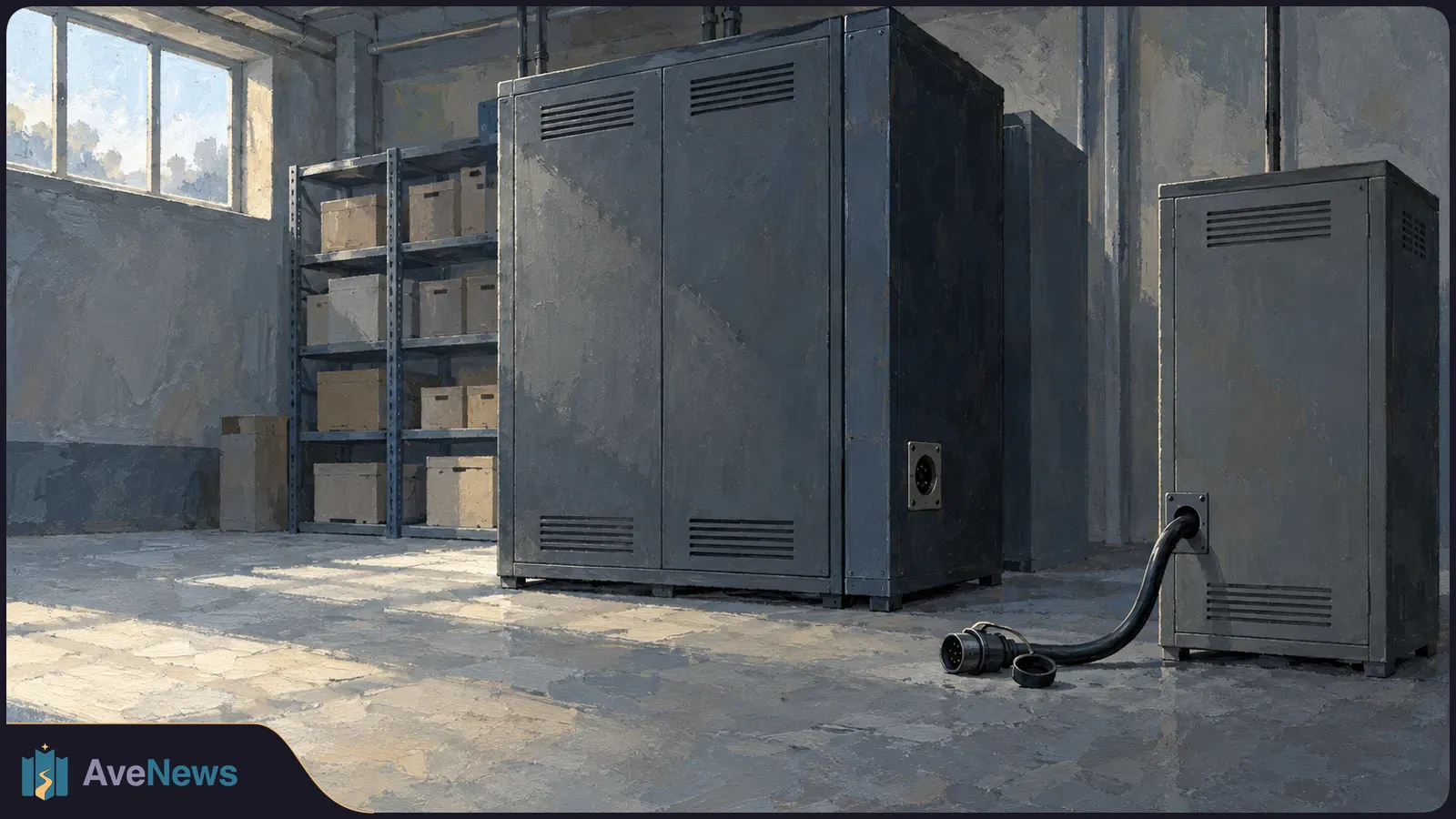 In a painted room, a cable from a small metal cabinet ends in an unplugged connector beside a larger cabinet; shelves of boxes stand behind them. SI illustration