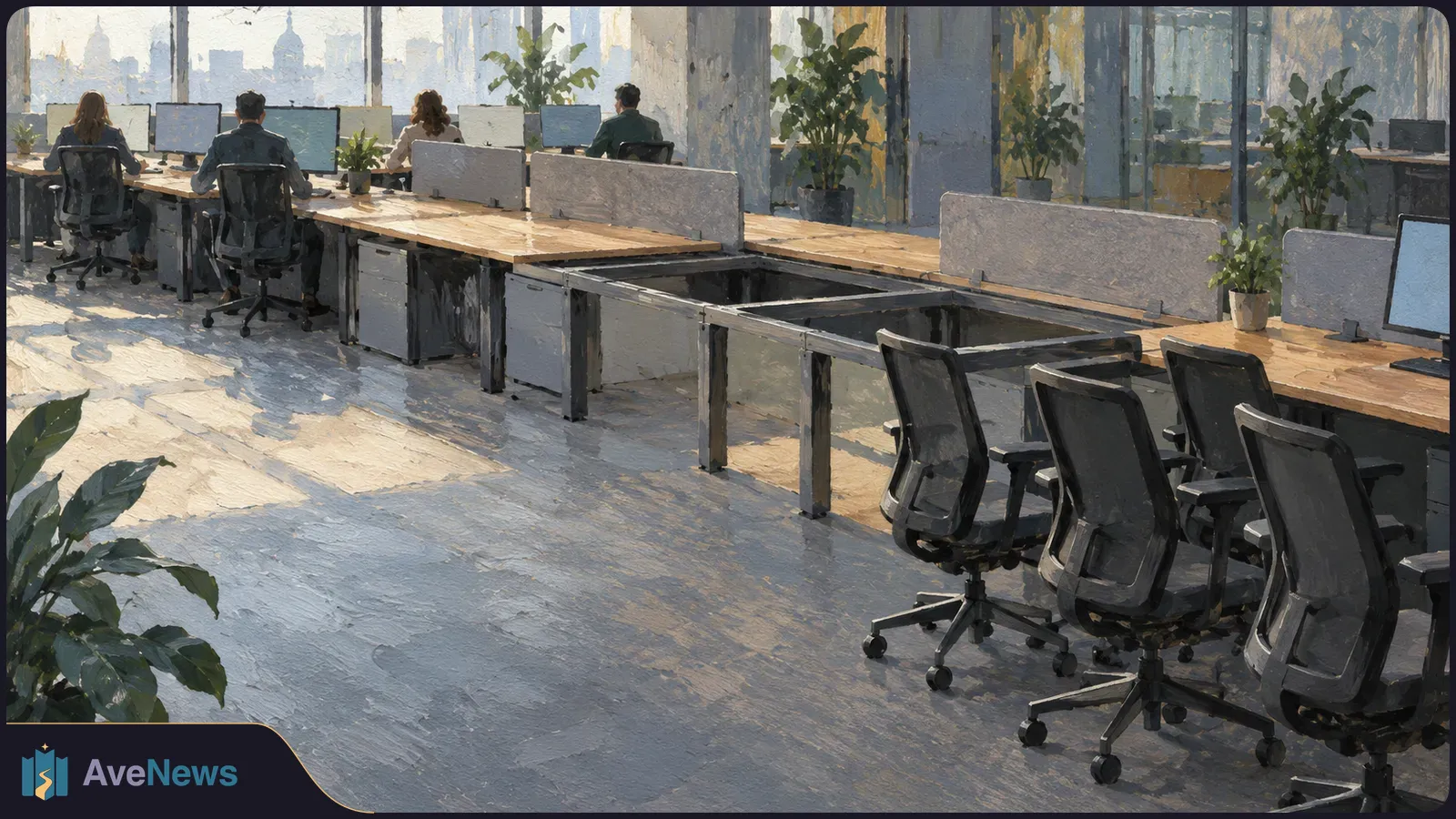 Illustration of a sunlit open-plan office with empty desks and black chairs in the foreground and four people working at computers near the windows. SI illustration