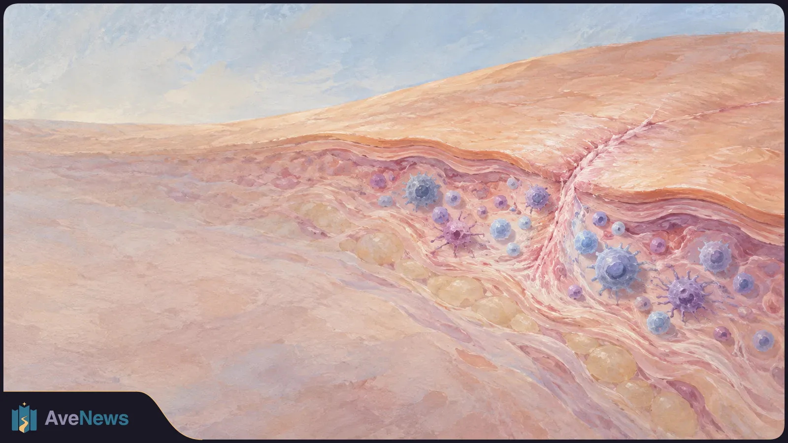 Pastel illustration of a cross-section of skin, with layered pink tissue, pale yellow cells and scattered blue and purple spiky cells beneath the surface. SI illustration