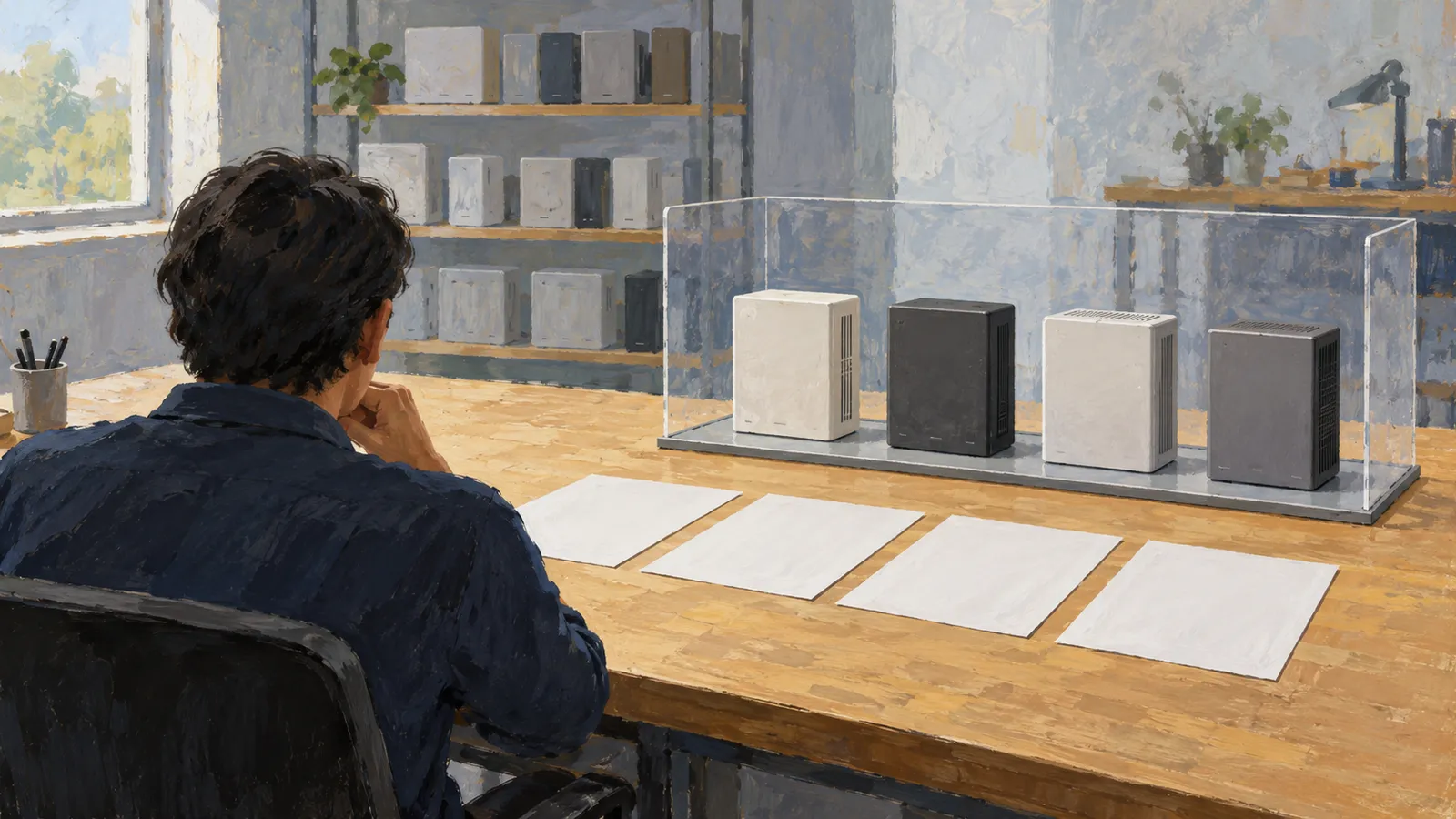 A person sits at a wooden table facing four white and dark rectangular devices in a clear display case, with four blank sheets laid out in front. SI illustration