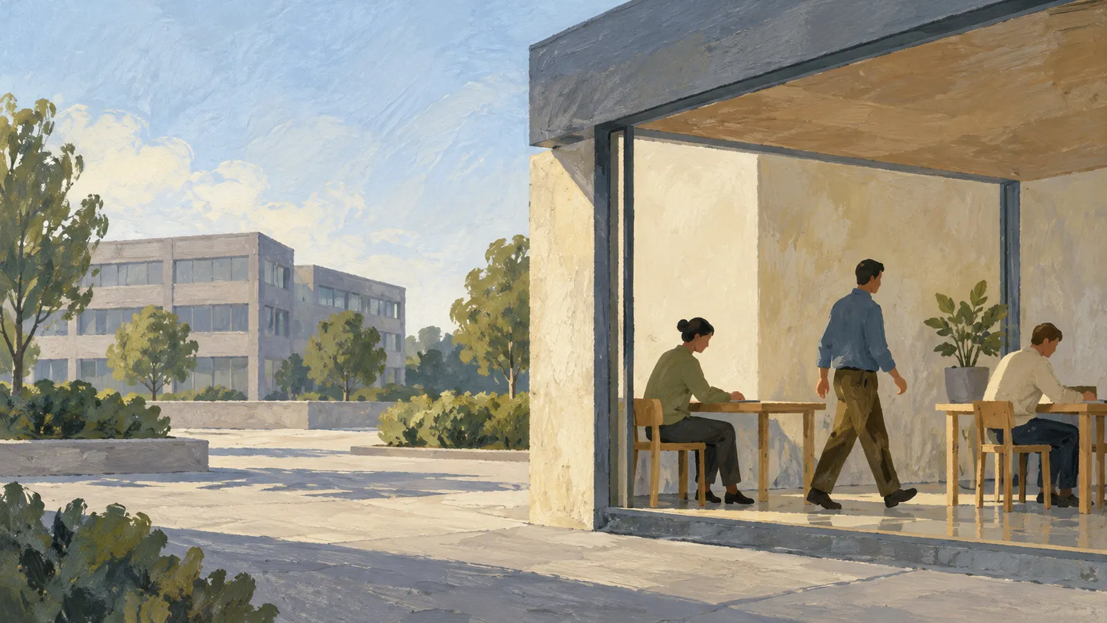 Painterly illustration of two people seated at tables and a third walking through a glass-fronted room, with trees and a modern building across a courtyard. SI illustration