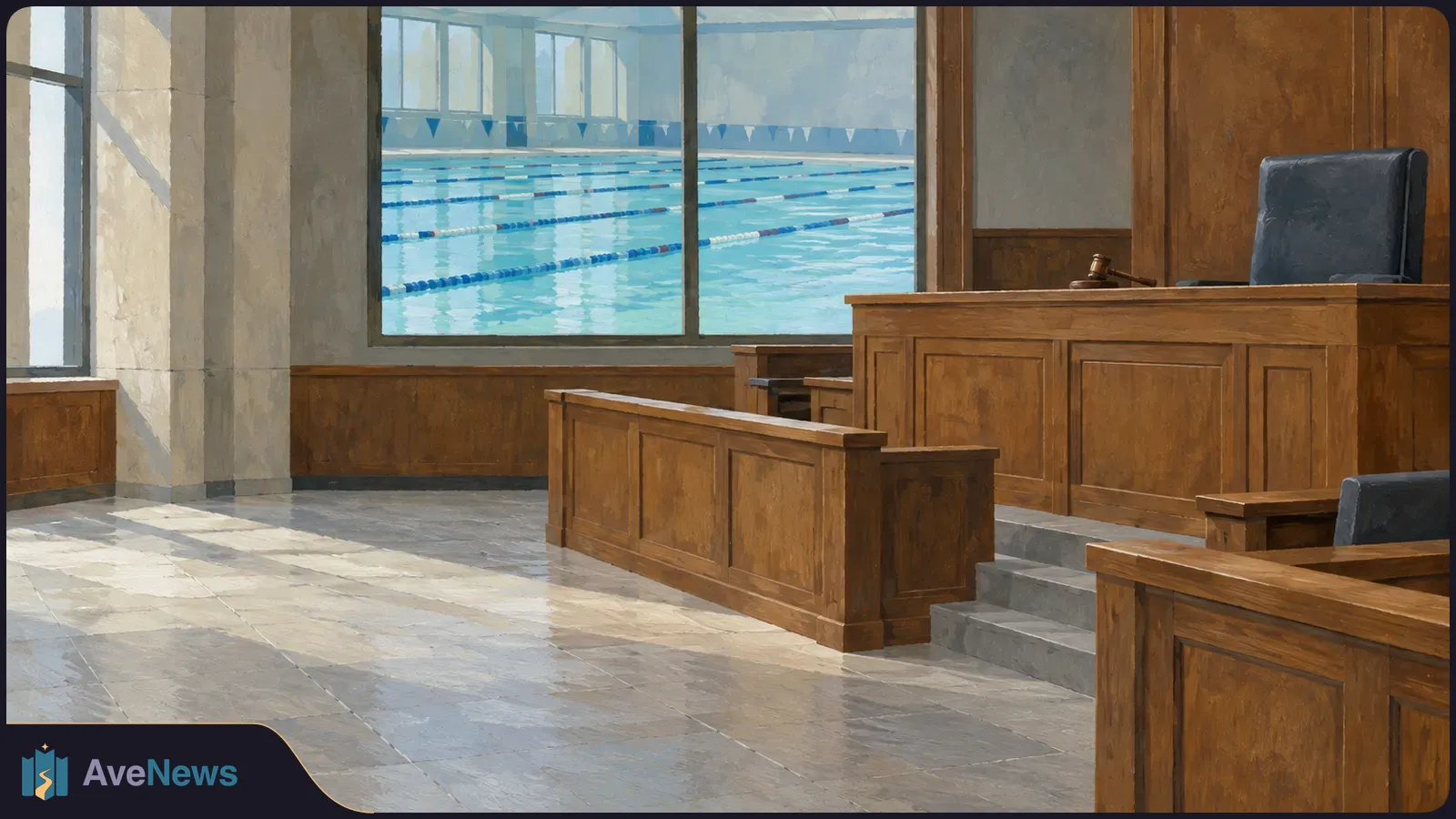 Painterly empty courtroom with wooden benches, a raised desk and a gavel; through a large window, an indoor swimming pool with lane dividers is visible. SI illustration