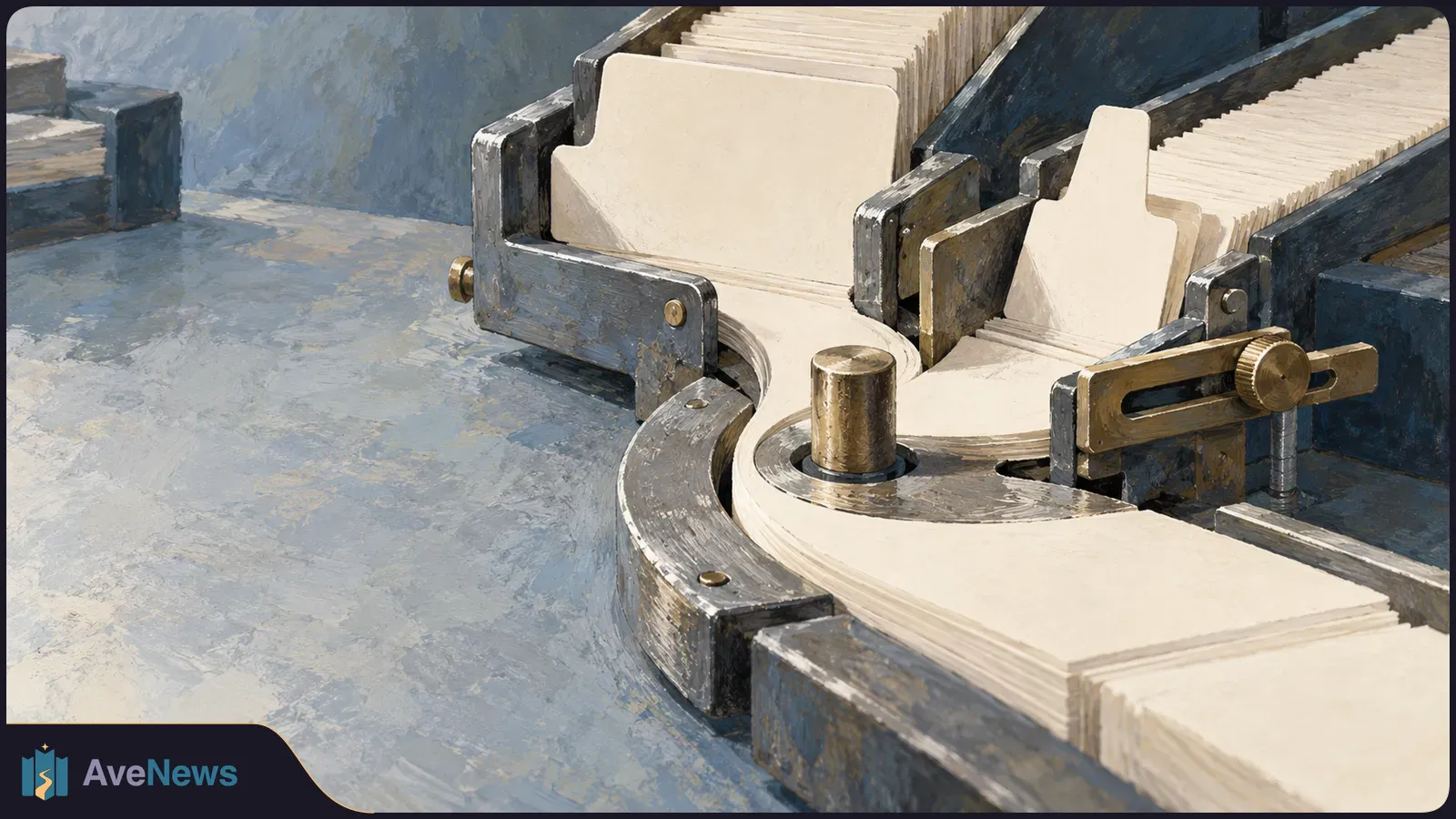 Painted close-up of blank cream cards in a dark metal sorting mechanism, curving around a brass spindle on a blue-gray surface. SI illustration