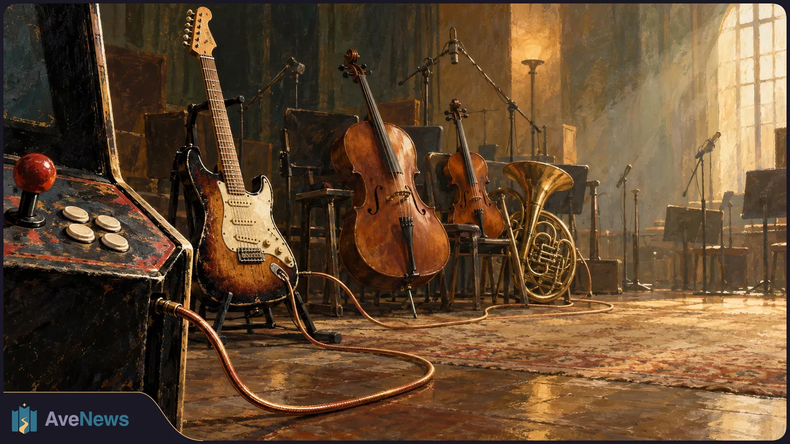 Painted scene of an electric guitar, cello, violin and brass horn in an empty orchestral room, with microphones and an arcade-style control panel in the foreground. SI illustration