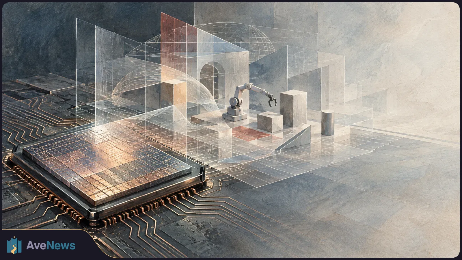 A large chip on a circuit board leads into a translucent 3D architectural space with a small robotic arm and geometric blocks. SI illustration