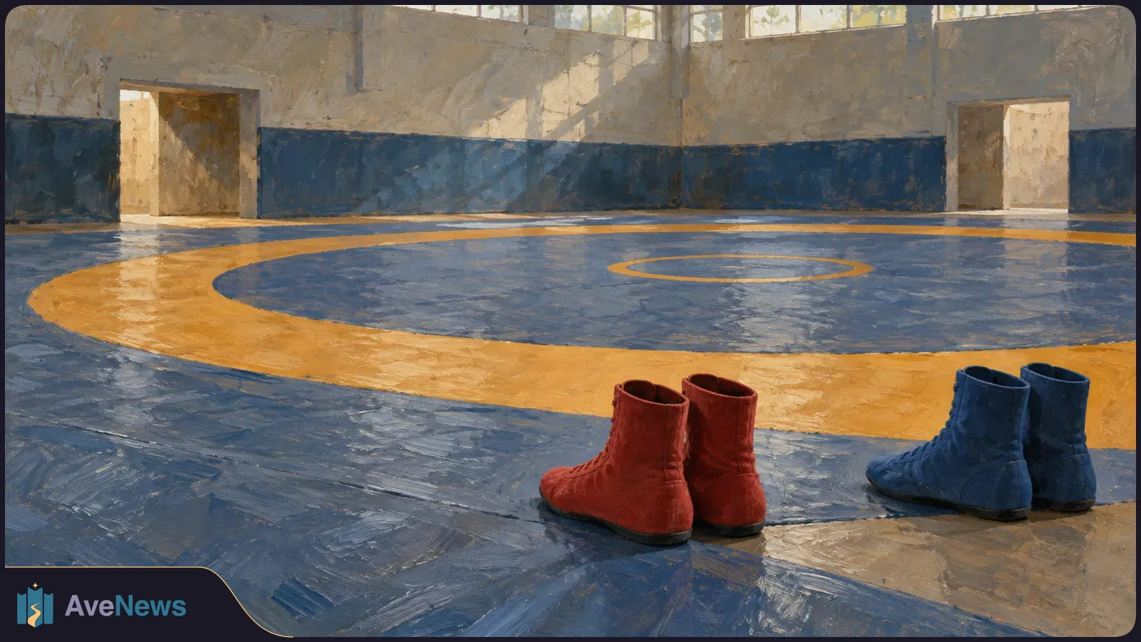 Painted view of an empty wrestling mat in a sunlit gym, with pairs of red and blue wrestling boots in the foreground. SI illustration