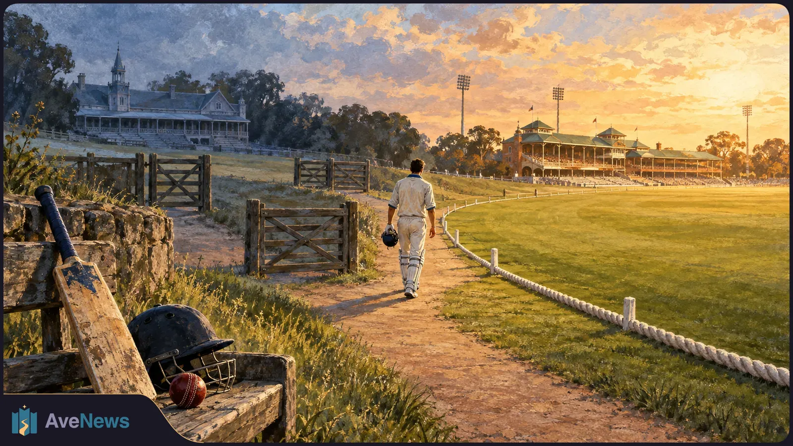 Painted cricket ground at sunset. A player walks toward the field, while a bat, helmet and ball rest on a bench in the foreground. SI illustration