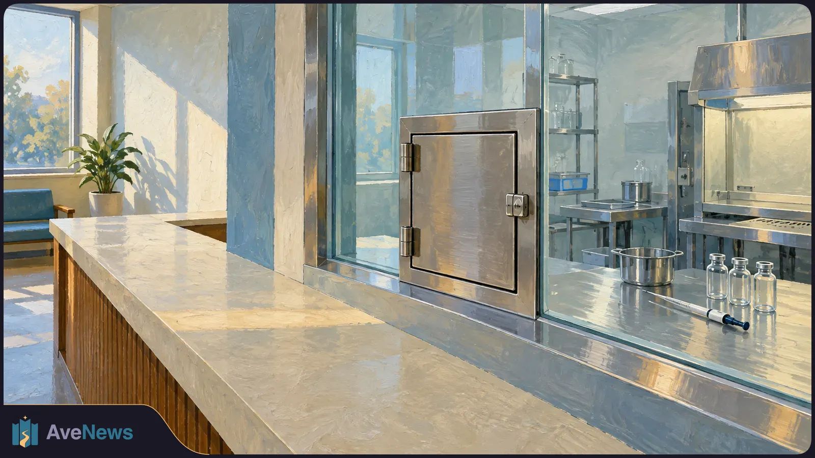 Painted view of a glass-partitioned workroom with a metal pass-through hatch, stainless counters, three small vials, a bowl and a syringe. A seating area is visible on the left. SI illustration