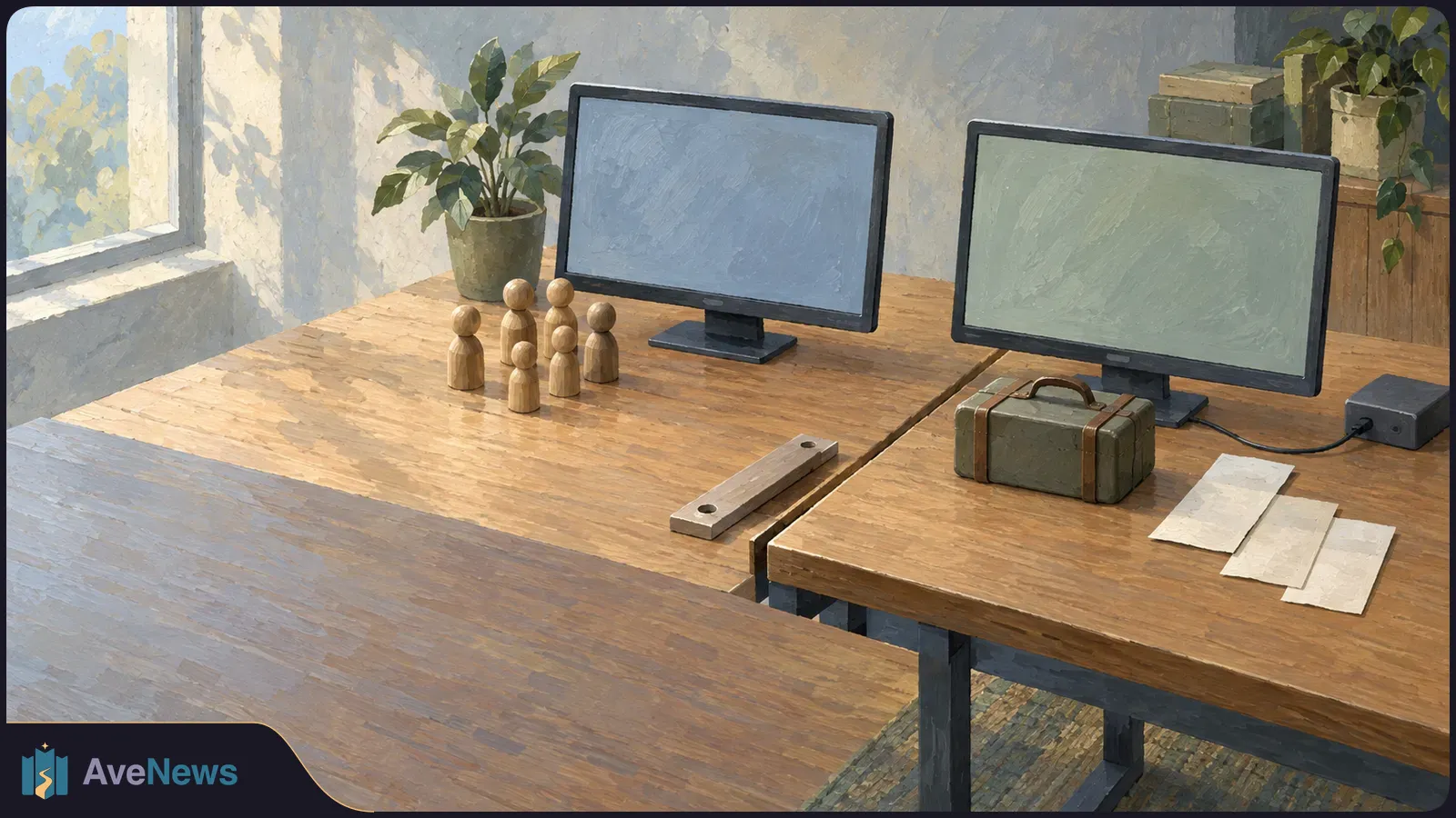 A painted office scene with two blank monitors on adjoining wooden desks, six wooden person-shaped figures, a small case, and three blank paper slips. SI illustration