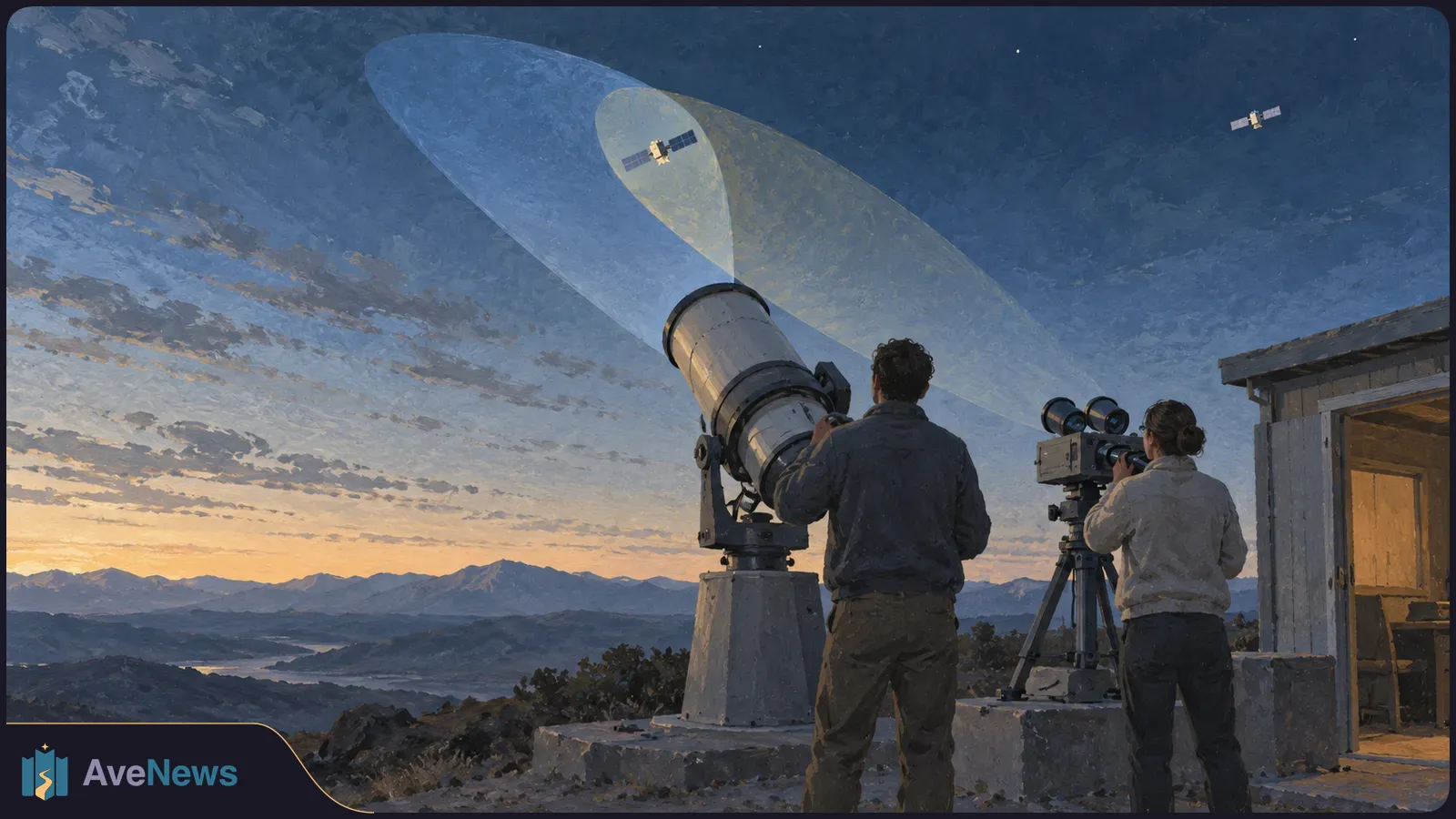 Two people operate large tracking telescopes beside a small building on a mountain at dusk. Two satellites appear in the sky beneath overlapping beams of light. SI illustration