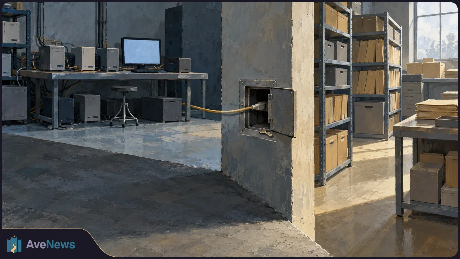 Painted room with computers and a blank monitor on one side. A cable runs through an open wall hatch toward shelves of file boxes on the other. SI illustration
