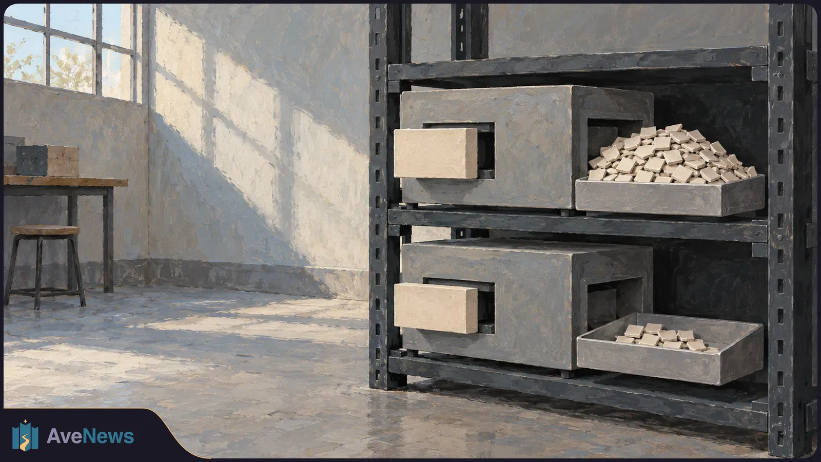 Painterly room with a metal rack holding two gray box-like units and trays of small beige blocks. Sunlight falls through a window beside a table and stool. SI illustration