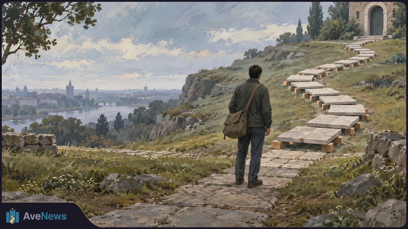 Painterly scene of a person with a shoulder bag standing on a stone path that climbs toward a building; a river and city skyline lie below. SI illustration